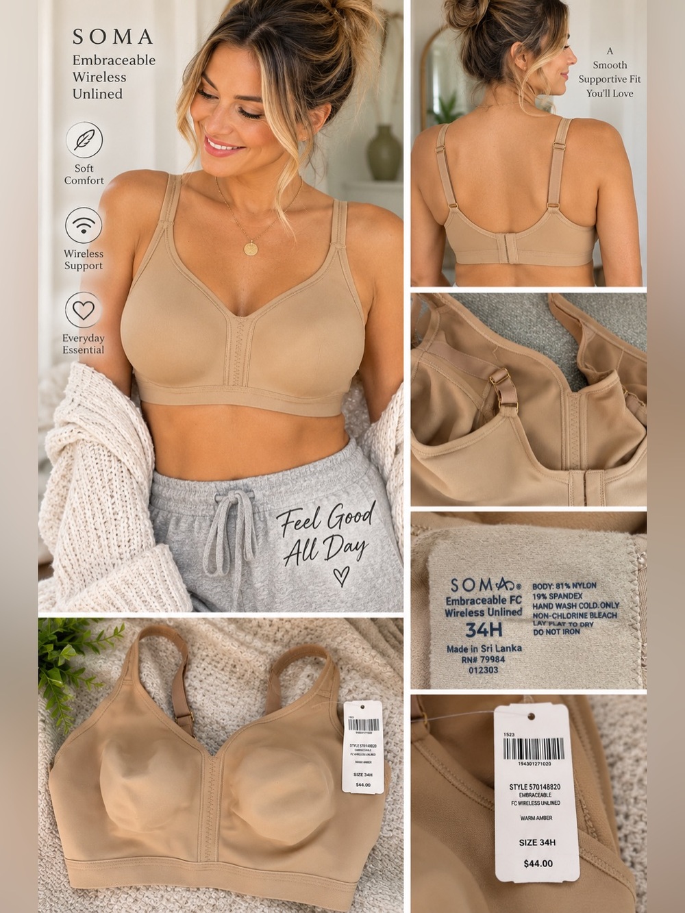 NWT Soma Embraceable Wireless Unlined Bra 34H Warm Amber